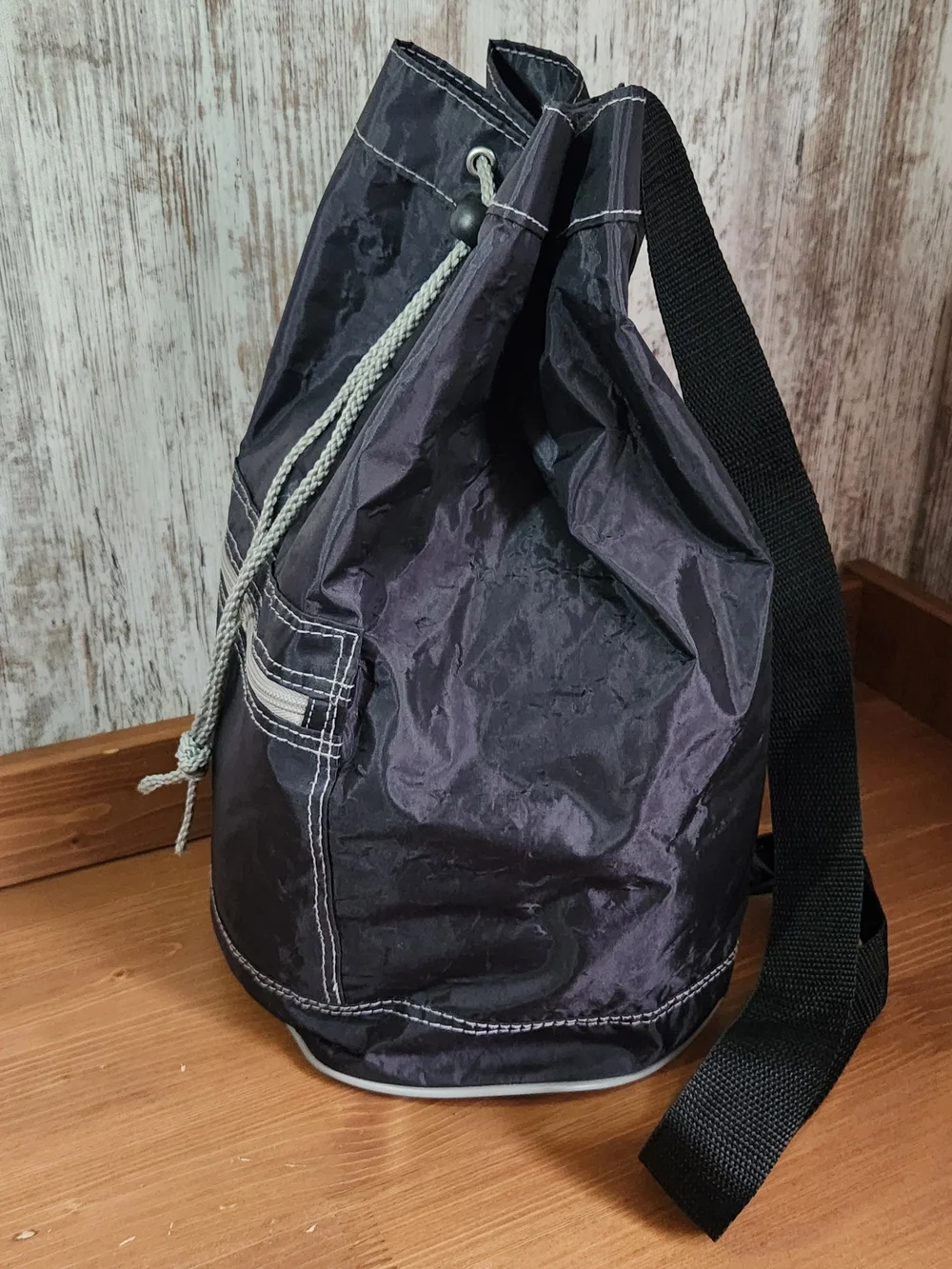 Nylon Black Drawstring Sling Backpack Tote Light Gray Accents Swim Gym Shoe Bag